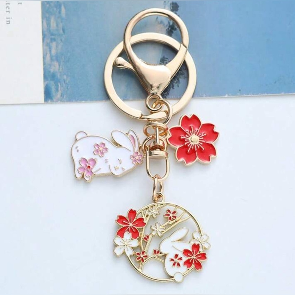 Floral Bunny Keychain - Gold and Red